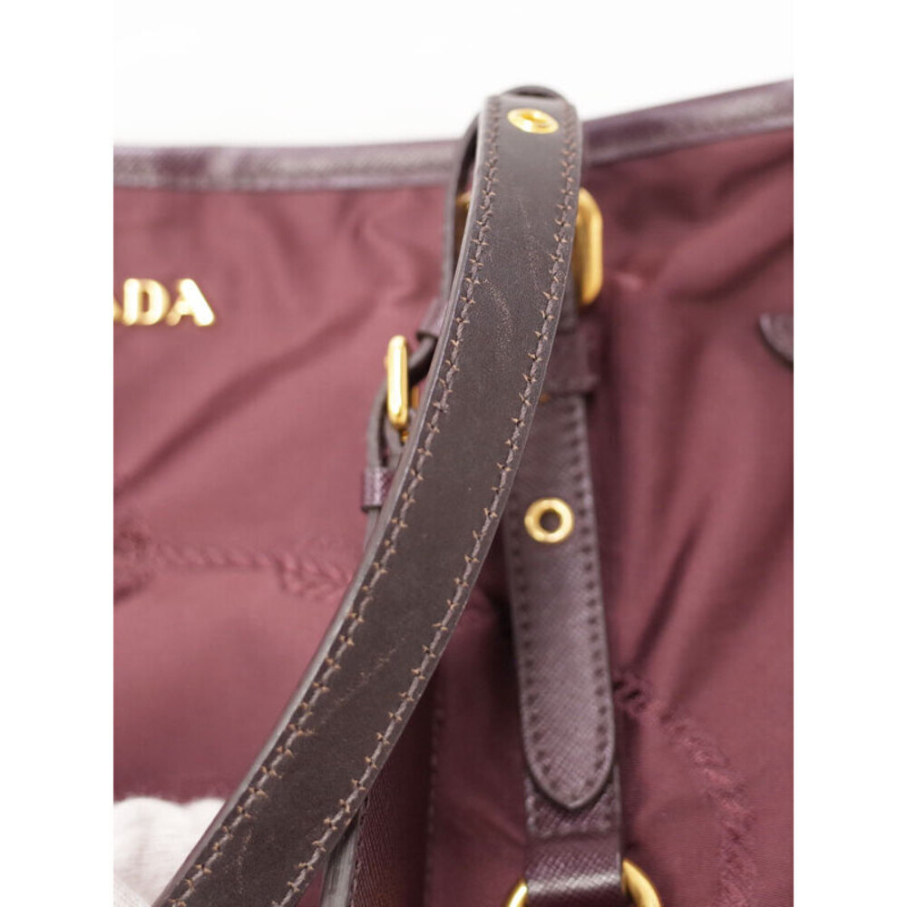Prada Tessuto Nylon Saffiano Leather Tote Shoulder Bag wine red - Picture 8 of 9